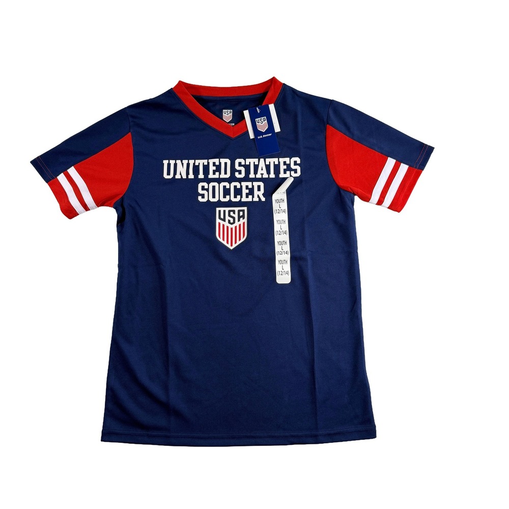 Official US Soccer Youth Jersey Shirt Large 12/14 Navy Blue V-Neck NWT
